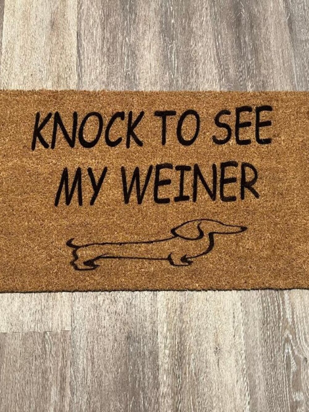 KNOCK TO SEE MY WEINER decorative coir doormat